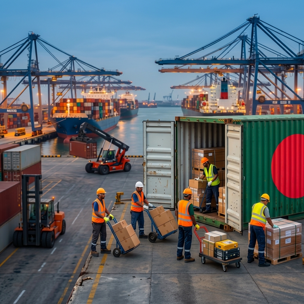 Person looking out at container port